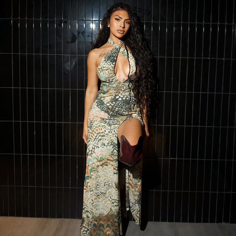 Robe Femme Élégante Col Licou Plongeant Dos Nu Taille Serrée Fendue Imprimé Abstarit