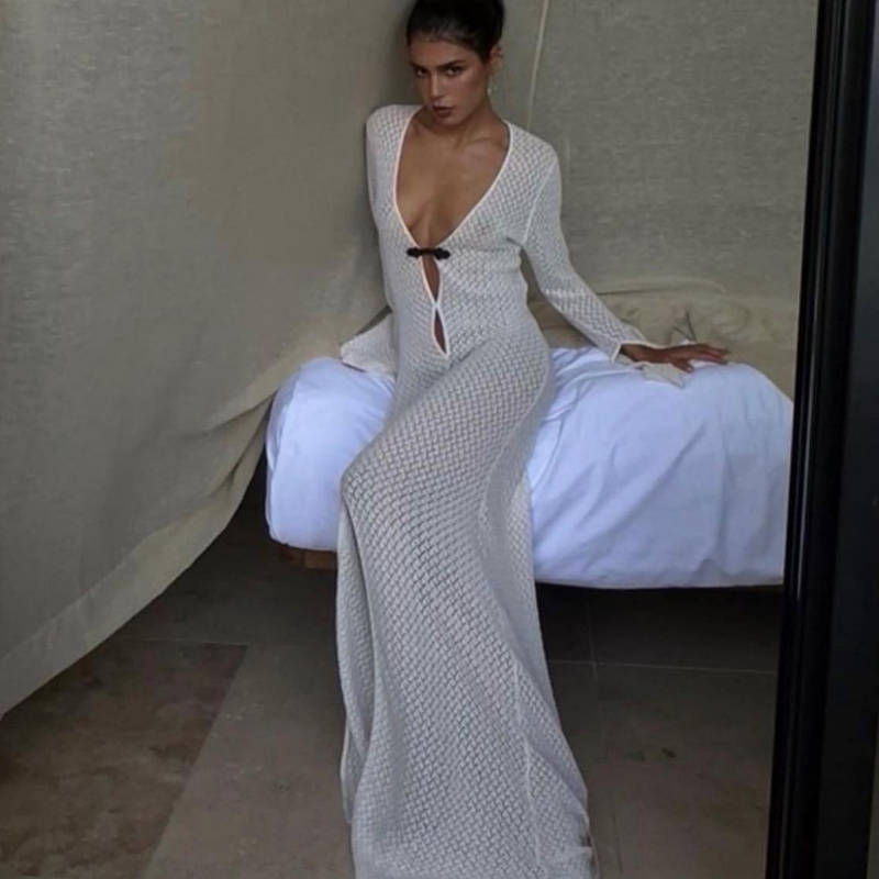 Robe de plage transparente évidée et découpée, col en V, longue, sirène, robe de soirée pour femme