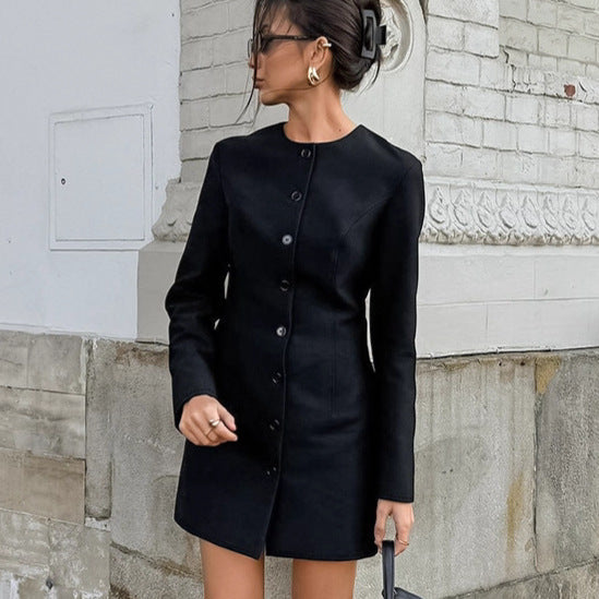 Robe trapèze élégante à col rond, manches longues, taille ajustée, coupe ajustée et blazer long pour femme, collection automne