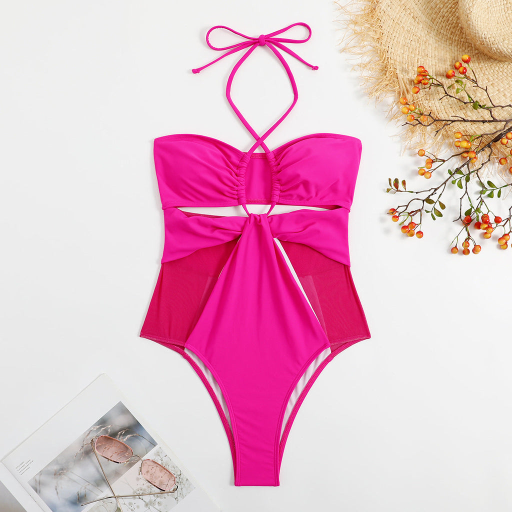 Einfarbiger Einteiler Damen Badeanzug Mesh-Naht Rosenrot Aushöhlung Ausgeschnitten Siamesischer Bikini