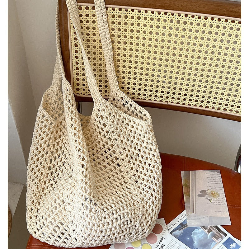 Sac tissé en fil de coton de grande capacité décontracté, sac de paille creux ajouré, sac à bandoulière décontracté, sac de plage de vacances, sac pour femmes