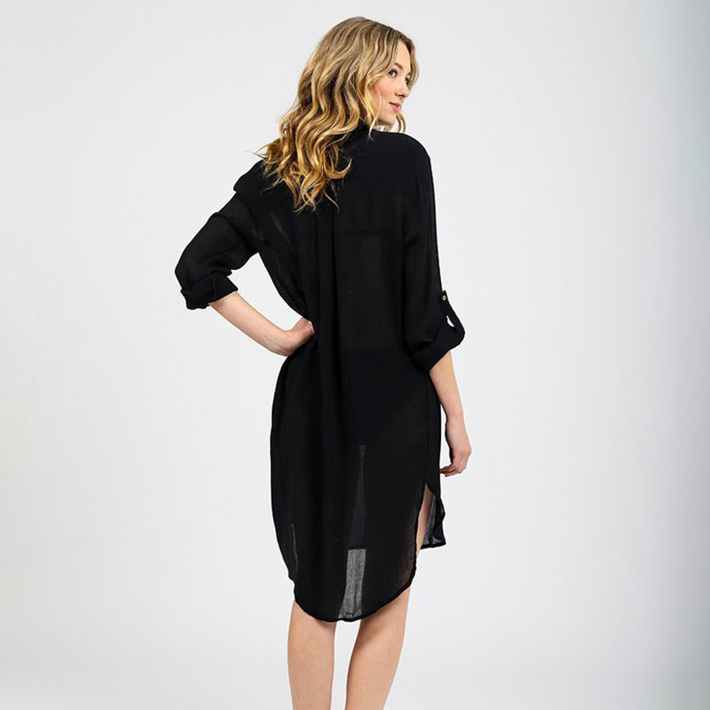 Gewebtes Crepe-Hemd Verdeckter Haken Strand-Vertuschung Bikini Mantel Hemd Badeanzug Strickjacke Damen