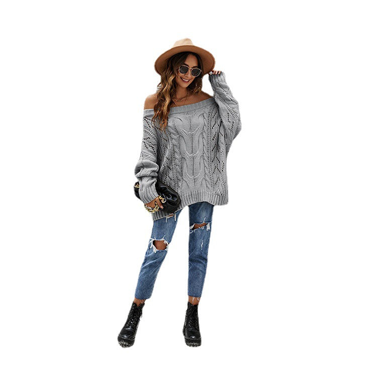 Herbst Winter schulterfreier Oversize-Pullover, schulterfreier einfarbiger Strickpullover Damen