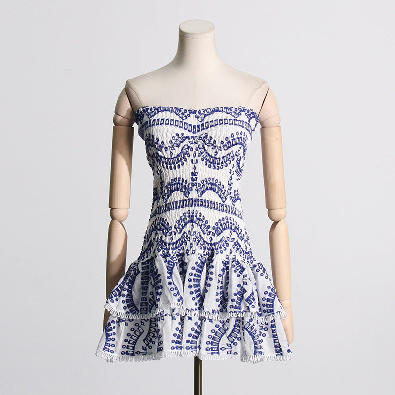 Frühlingshaft sexy elastische Taillen-Tube-Top-Kleid mit Stickerei und Rüschen für Damen