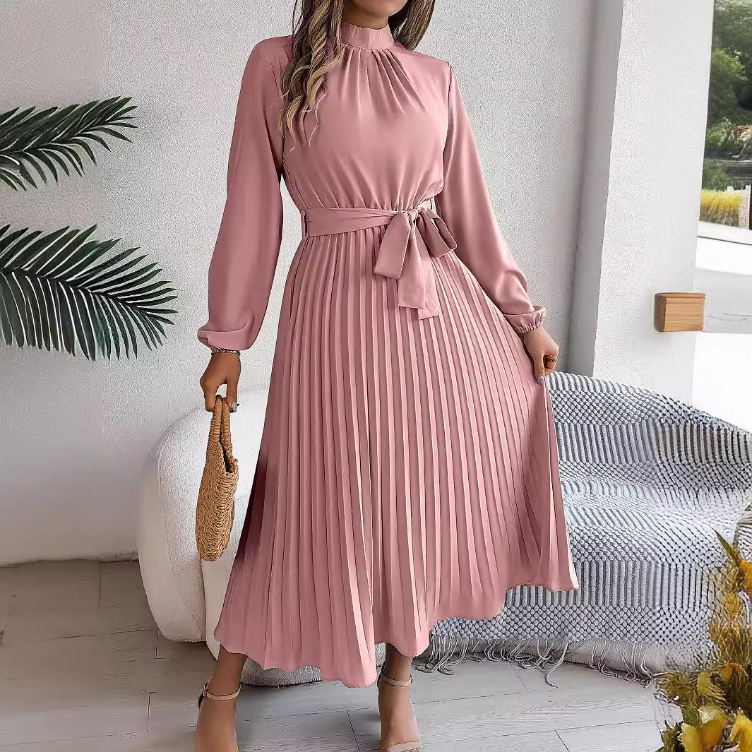 Herbst Winter Elegantes Stehkragen Langarm Raffiniert Gerafftes Maxikleid Kleines Kleid Damenbekleidung