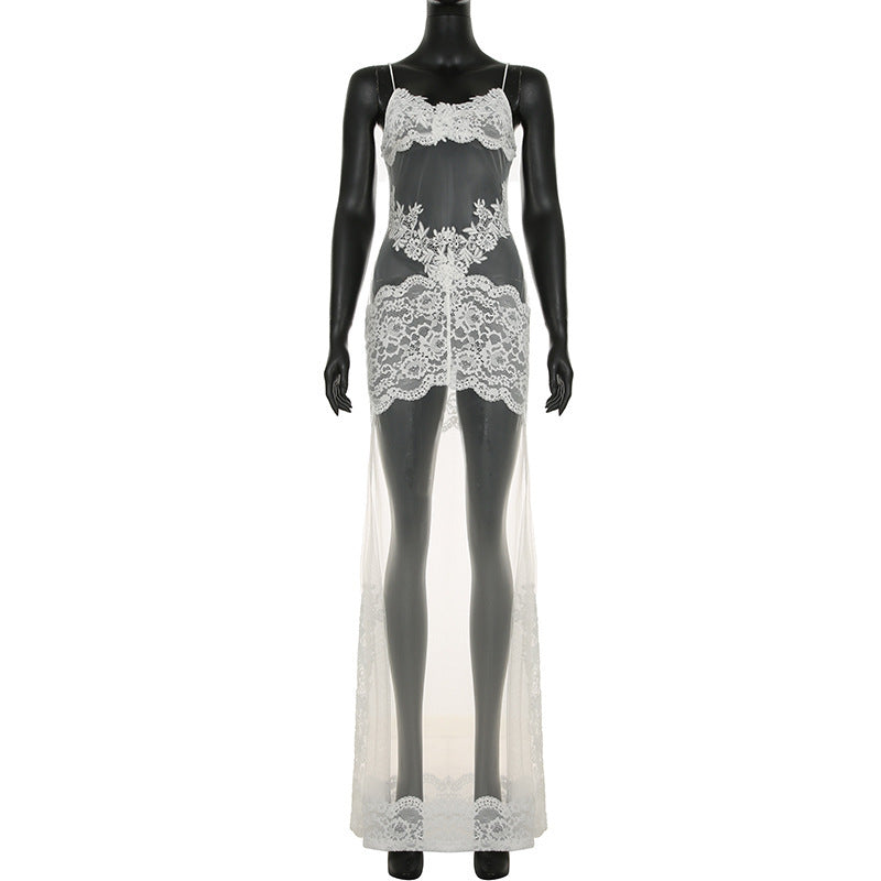 Robe longue d'été sexy en dentelle et résille pour femme avec bretelles fines, transparente, pour les vacances et la nuit