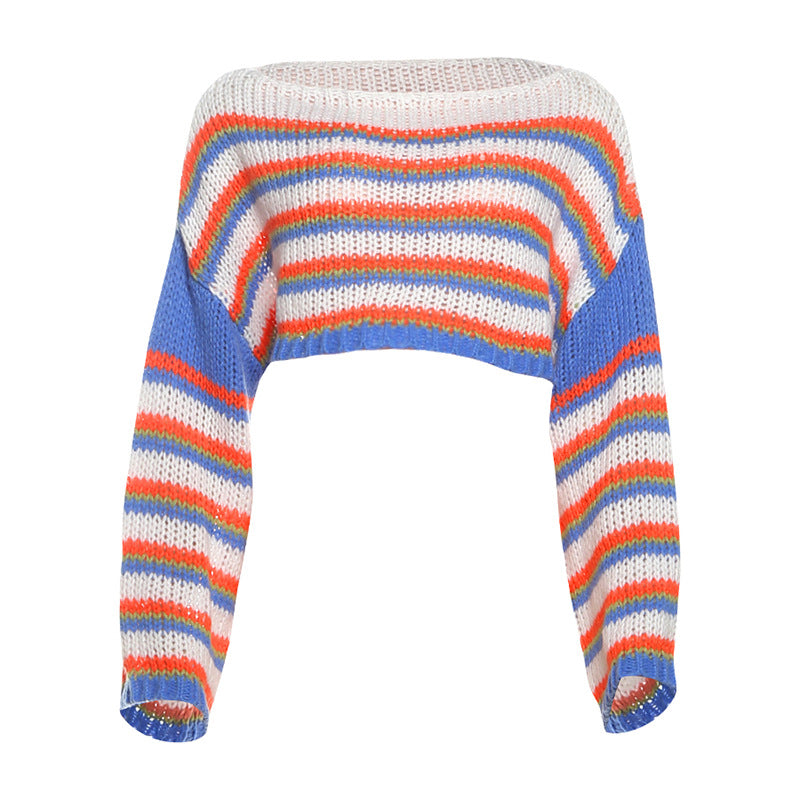 Damen-Freizeitpullover für den Herbst mit lässiger Persönlichkeit, blauem Stich und langen Ärmeln, verkürzt