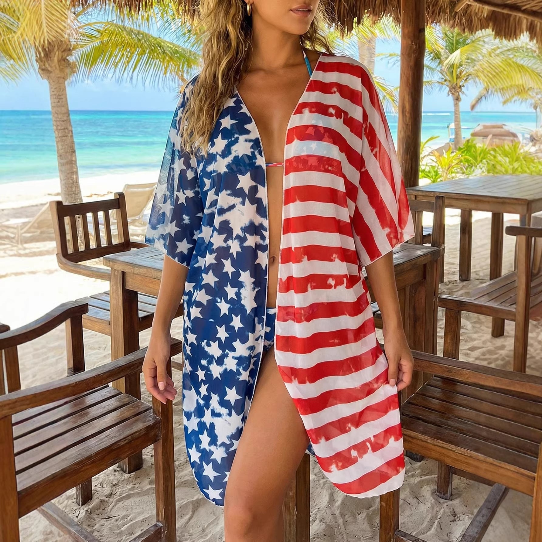 Cardigan de protection solaire pour femmes Vêtements femme Couleur contrastée Rayures Couture Manches chauve-souris Manteau de plage Cache-maillot de plage