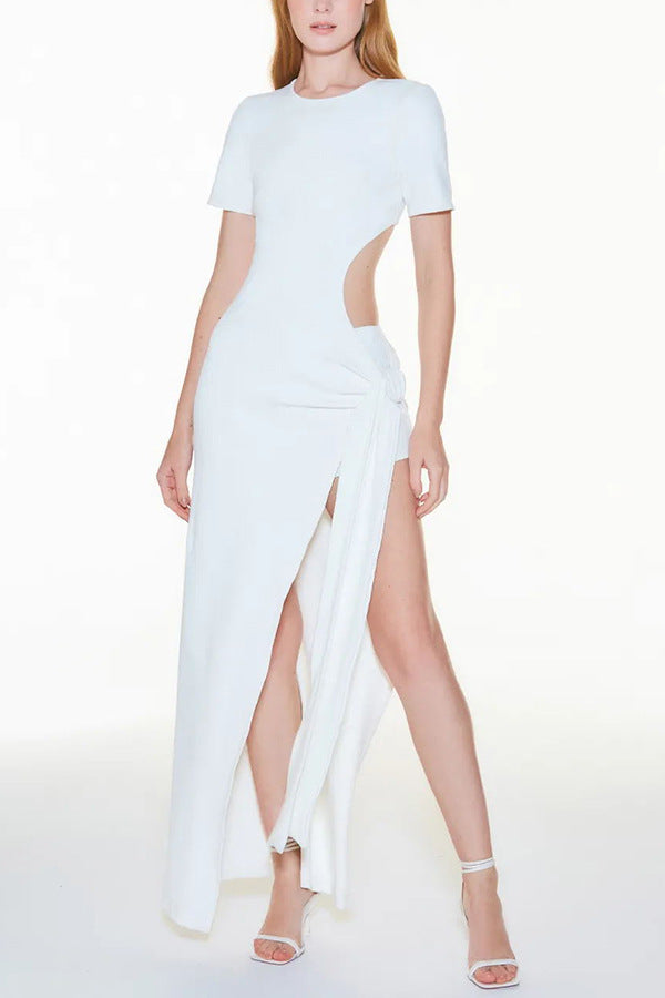 Frühling Sommer Rückenfreies Schnür-Kleid, schmal geschnitten, sexy Schlitz, einfarbig, Street Dress