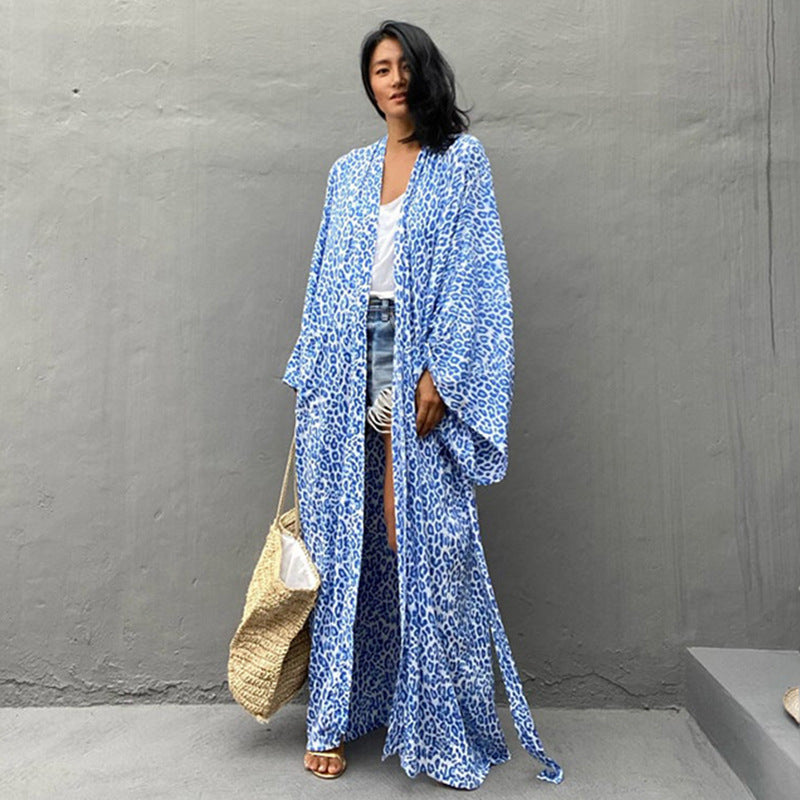 Leoparden-Cardigan Lang Lockerer Strand-Sonnenschutz-Mantel Strand-Vertuschung Badeanzug Überwurf Damen