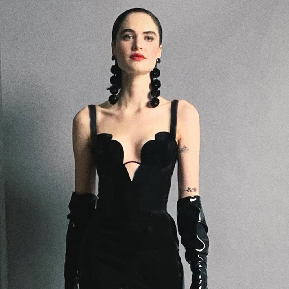 Sexy V-Ausschnitt Träger Reißverschluss Gabelung Saum Kleid Nachtclub Schwarz Französisches Kleid