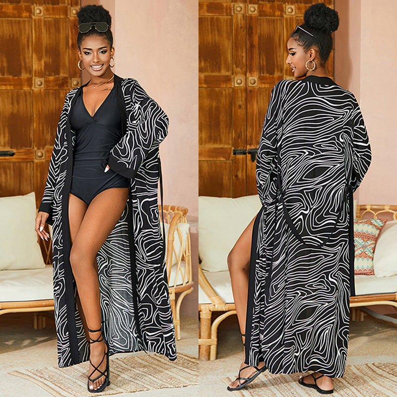Paréo de plage imprimé Crème solaire pour femmes Maillot de bain Cache-maillot de plage Cardigan long de vacances