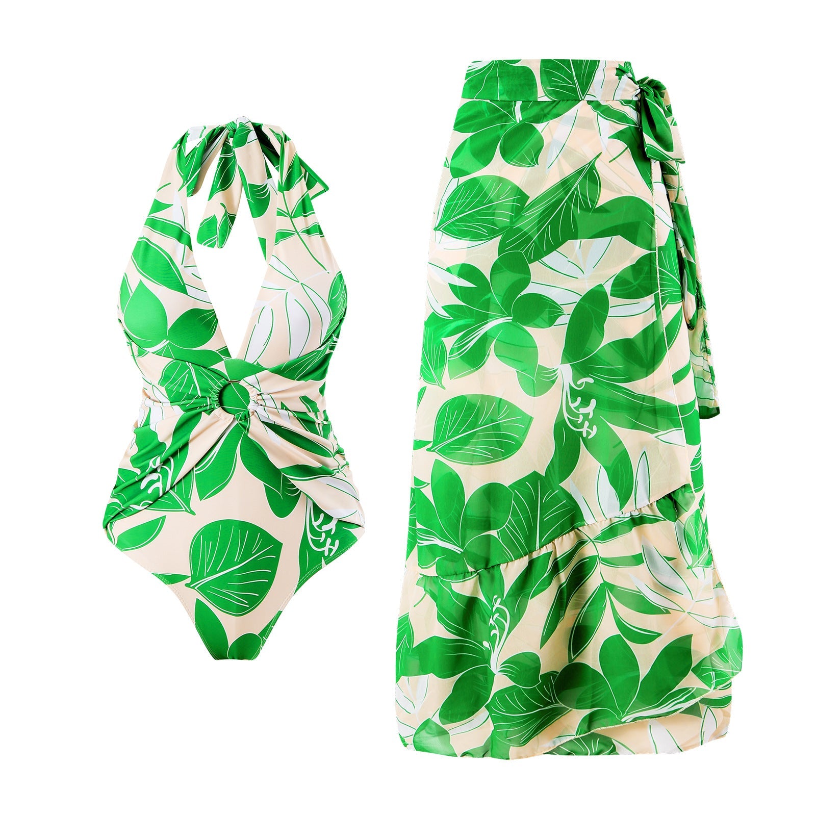 Maillot de bain une pièce amincissant rétro pour femme, motif imprimé vert, robe en mousseline.