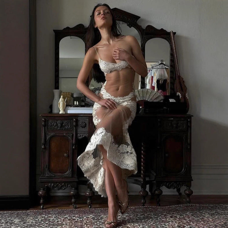 Robe longue d'été sexy en dentelle et résille pour femme avec bretelles fines, transparente, pour les vacances et la nuit