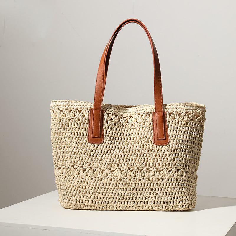 Sac Tressé Femme Sac en Paille Élégant Sac en Paille à Une Épaule Sac en Rotin Tressé Portable Grande Capacité Sac de Plage de Vacances Similaire