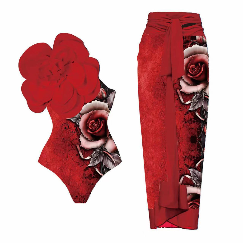Einteiliger Badeanzug Damen Eng Anliegend Schlankmachend Großer Blumen-Badeanzug-Outfit Chiffonkleid
