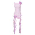 Sexy Rosa Semi-Transparentes Spitzen-Netz-Garn Blumenband Rundhals Rückenfreies Urlaubskleid