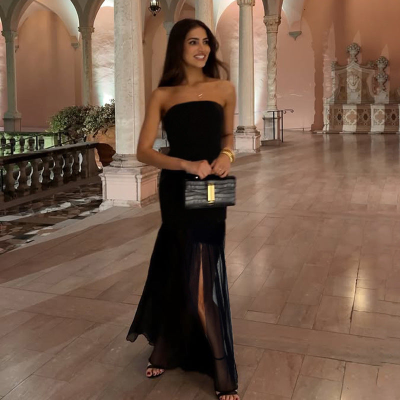 Robe bustier élégante, poitrine enveloppée, sans bretelles, sexy, vacances, hanches enveloppées, maille fendue