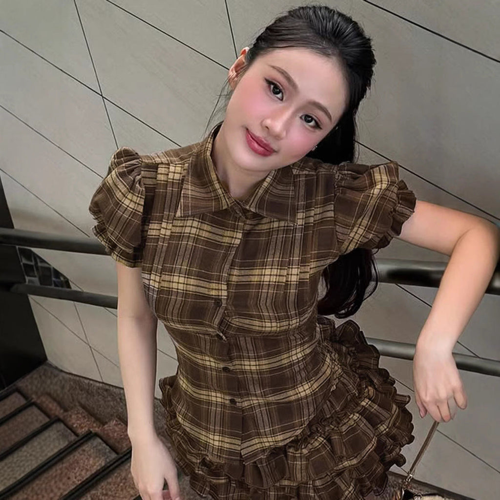 Ensembles de jupe coréenne douce fille preppy à carreaux à manches bouffantes chemise ourlet asymétrique irrégulier taille amincissante cardigan à poitrine unique