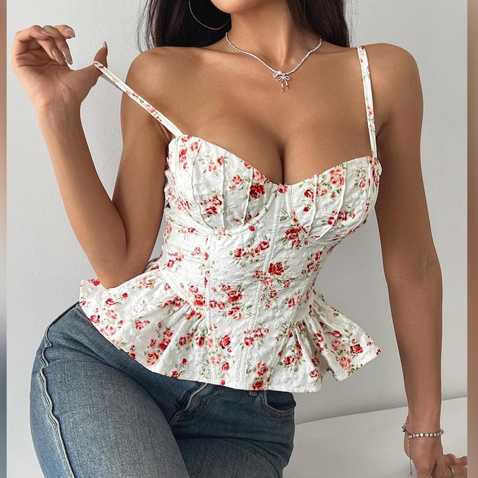 Printemps Été Floral Irrégulier Asymétrique Volants Léger Amincissant Sexy Dos Nu Laçage Poitrine Enveloppée