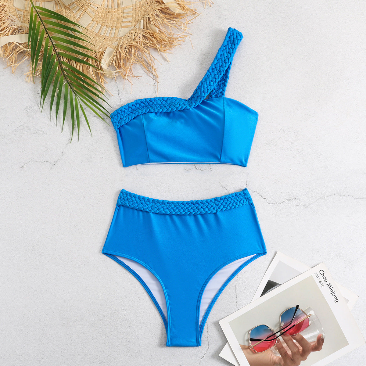 Damen One Shoulder Unifarbener Split-Badeanzug Hoher Bund Geflochtenes Seilband Bikini