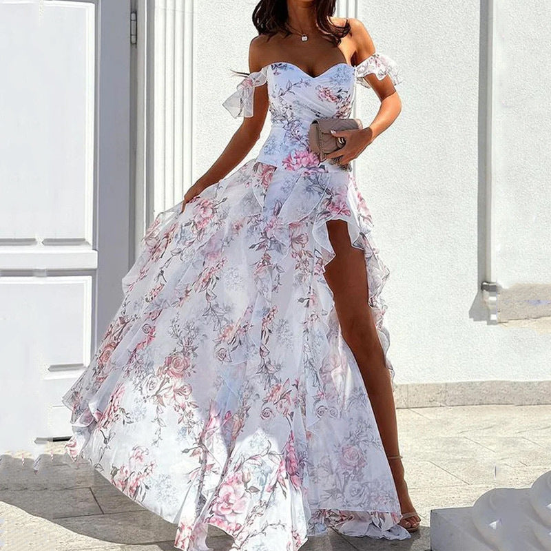 Sommer Sexy schulterfreies, ärmelloses Kleid mit Taillenkontrolle und Schlitz