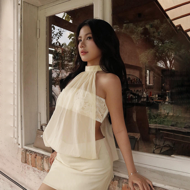 Sexy Mesh Durchsichtiges Nahtloses Ärmelloses Neckholder-Hüftkleid für den Frühling