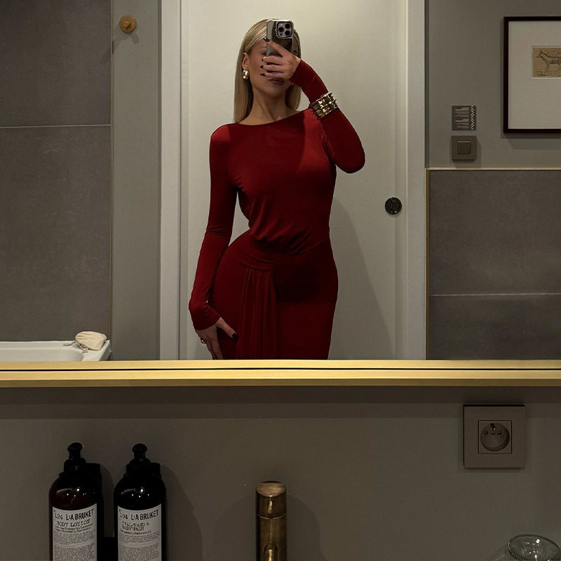 Rundhals Langarm Tiefer Rückenausschnitt Taillierter Schnürsenkel Eleganter Schmaler Roter Teppich Kleid