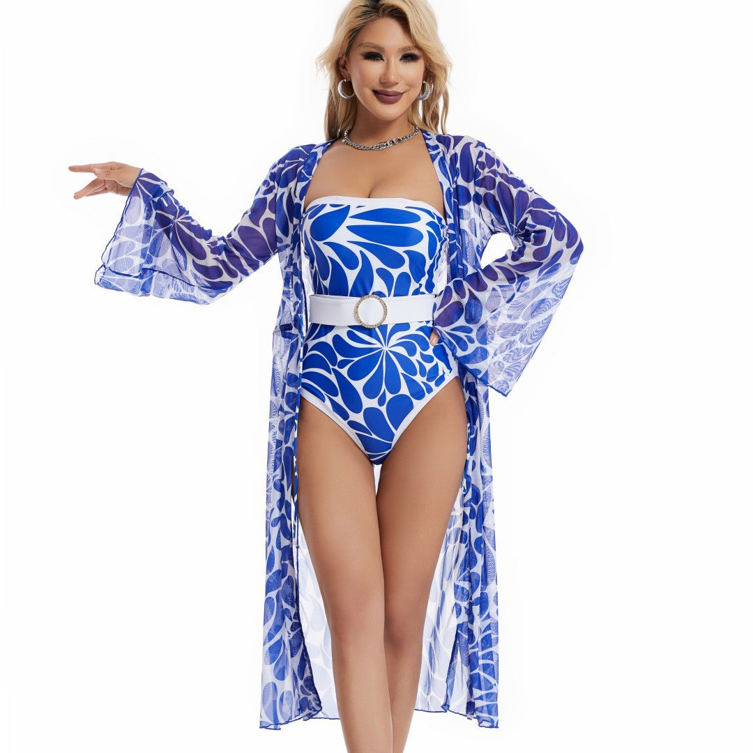 Maillot de bain une pièce imprimé numérique blouse en maille haut de bikini pour femmes