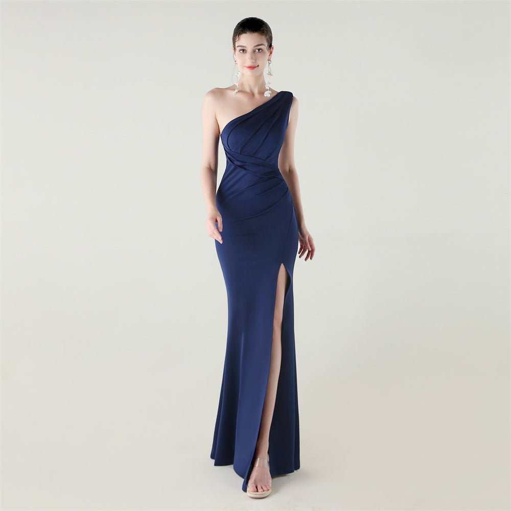 One Shoulder Slim Fit Satin Falten High Slit Sexy Abendkleid Meerjungfrauenkleid Dinner Hochzeit Social Networking
