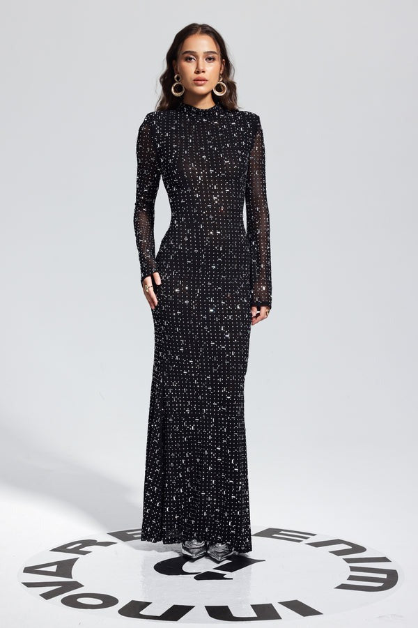 Nouvelle Robe Noire Sexy Bretelles Strass Manches Longues Moulante