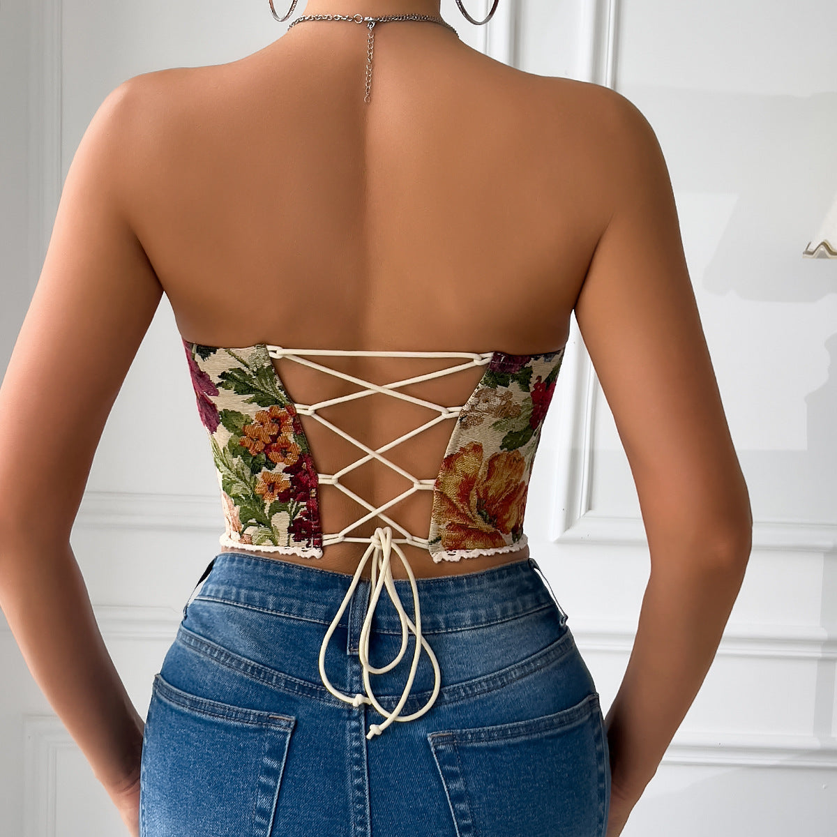 Haut Corset Gilet à Lacets Ajusté à Volants Imprimé Floral Rétro avec Baleines Style Minorité Française