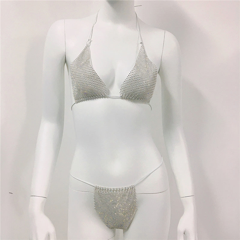 Vêtements pour femmes Maillot de bain bikini en strass sexy avec lacets pour la plage et l'extérieur