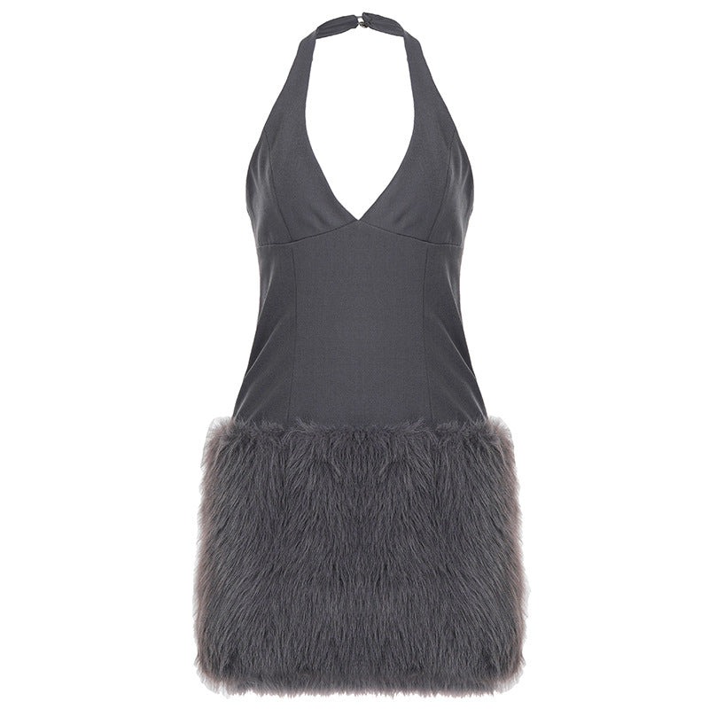 Robe sexy en fourrure à col en V, cintrée et moulante