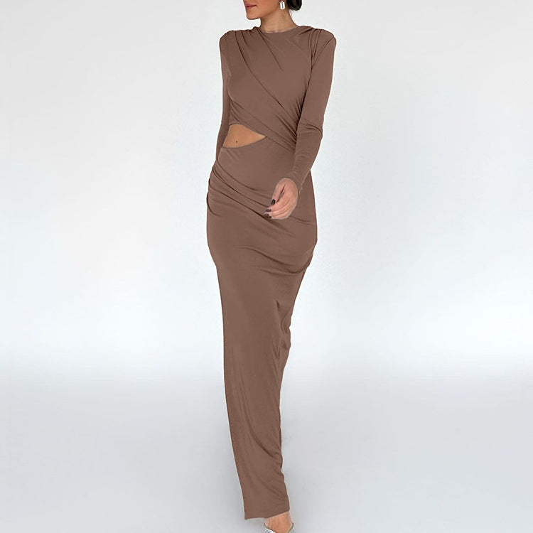 Robe plissée moulante de printemps à col rond et manches longues, coupe évidée fendue, couleur unie pour femme