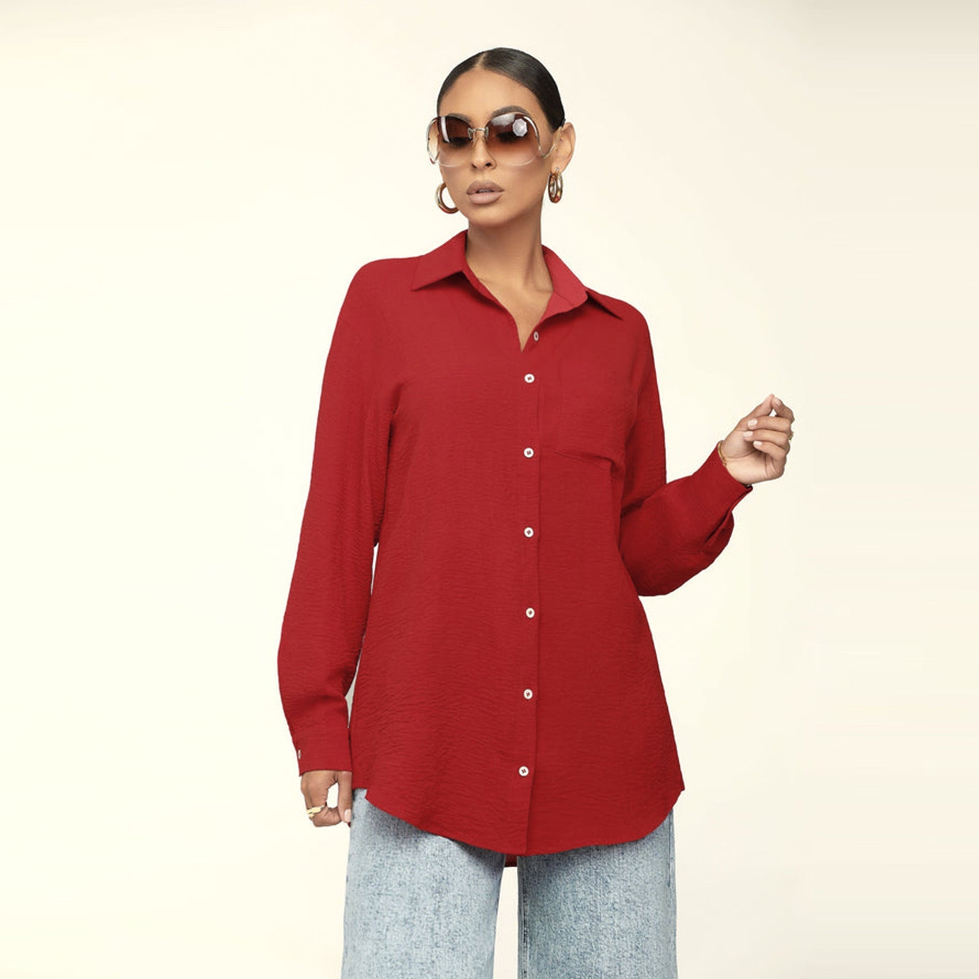 Damen Herbst Langarm Einfarbiges Oberteil Locker Freizeit Bluse Damen