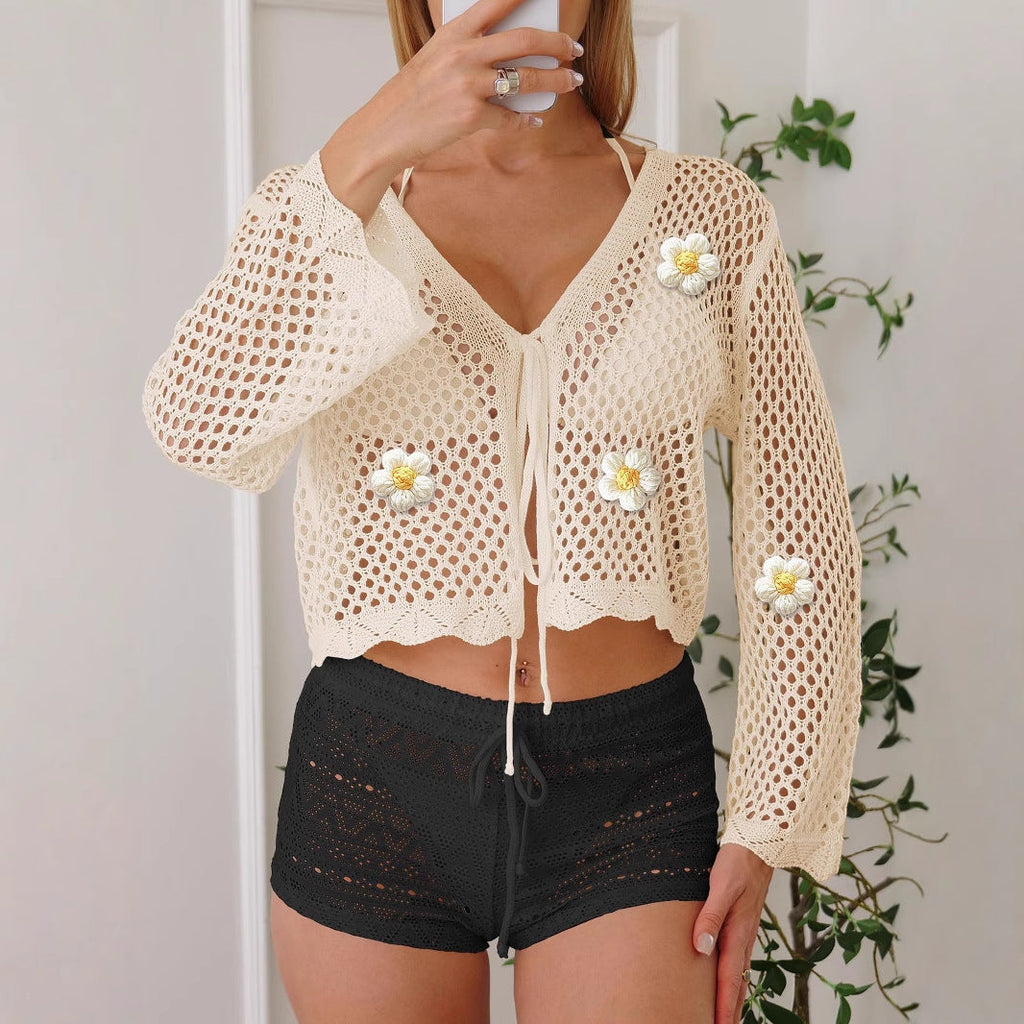 Cardigan en dentelle pour femme à lacets, ajouré, découpé, tissé, chemise brodée florale, couture, protection solaire de plage, chemisier à manches longues, manteau décontracté