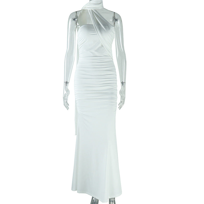 Robe longue dos nu sexy unie fendue avec ruban pour femme