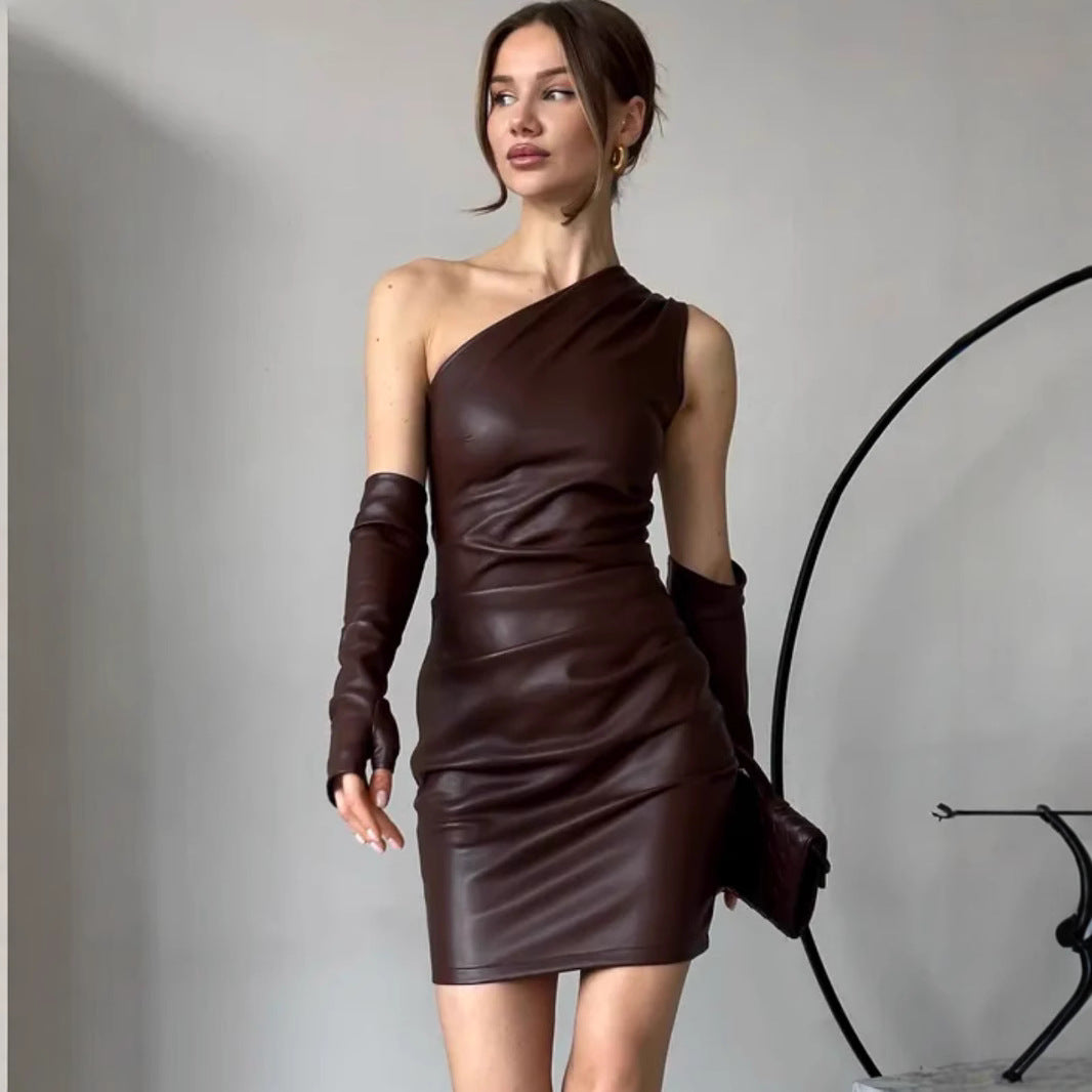 Kunstleder Kleid Street Hipster Damen Kleidung Diagonaler Kragen Ärmellos Oversleeve Tailliertes Etuikleid