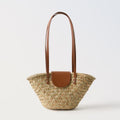 Sac à bandoulière en paille d'herbe naturelle avec coutures en similicuir, sac de plage de vacances, sac tissé en rotin assorti