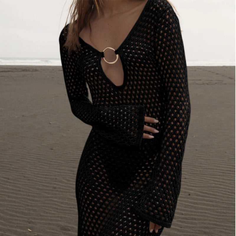 Urlaub Vorne Lang Hohl Ausgeschnitten Metallschnalle V-Ausschnitt Langarm Strandkleid Sonnenschutz Rückenfreies Smock-Kleid