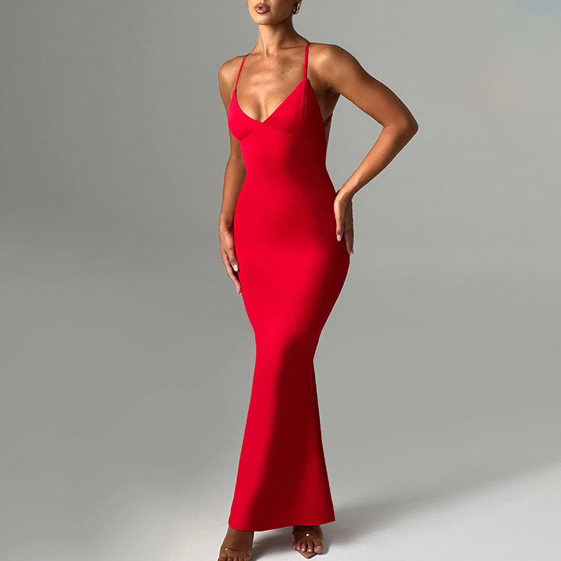 Robe de printemps sexy tendance Col en V Dos nu Coupe ajustée Fourreau Bretelles
