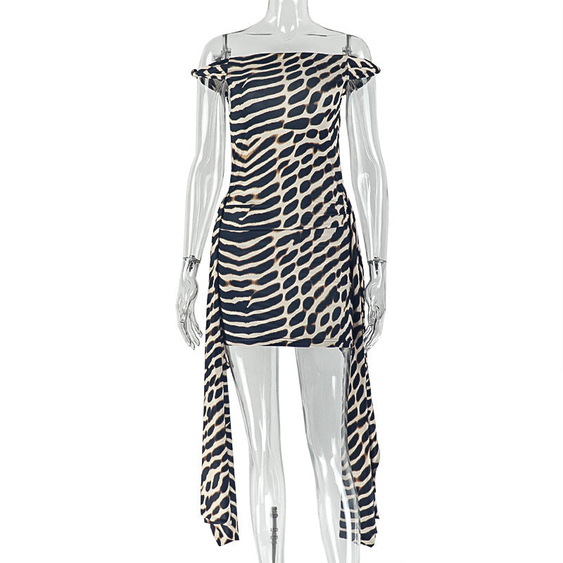 Robe courte de bureau sans manches à col diagonal, imprimé léopard, lacets et hanches, pour femmes