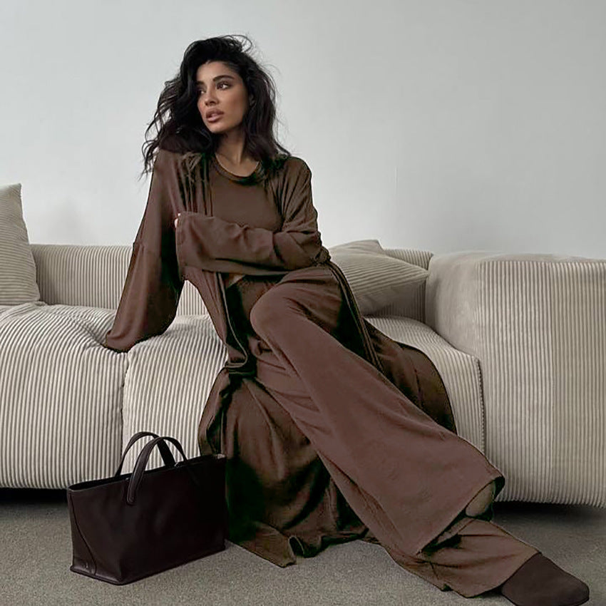 Sommer-Pyjama, dreiteilig, Strick, einfarbiges Oberteil, Hose, locker, bequem, Homewear