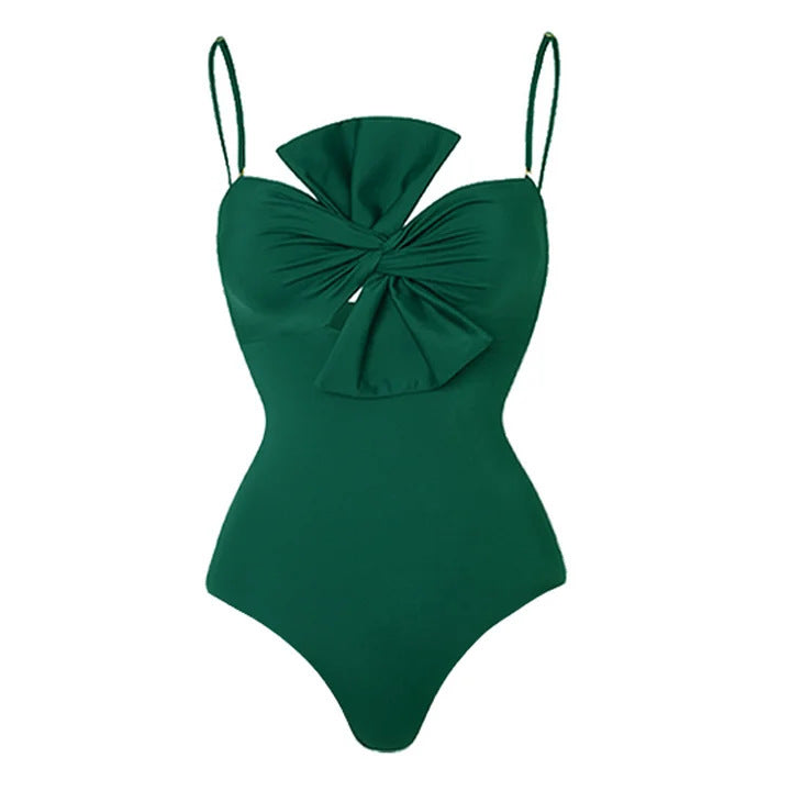 Maillot de bain une pièce femme uni avec nœud, style rétro français, pour amincir la silhouette et cacher le ventre