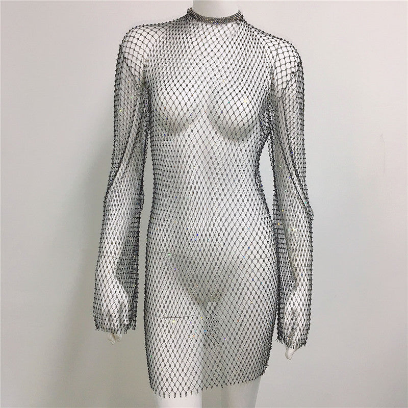 Robe résille femme avec strass, transparente, sexy, pour la plage ou sur un bikini
