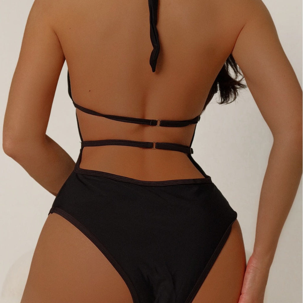 Maillot de bain une pièce sexy noir pour femme, dos nu transparent, lacets, maillot de bain moulant, bikini avec coussinet de poitrine à ceinture.