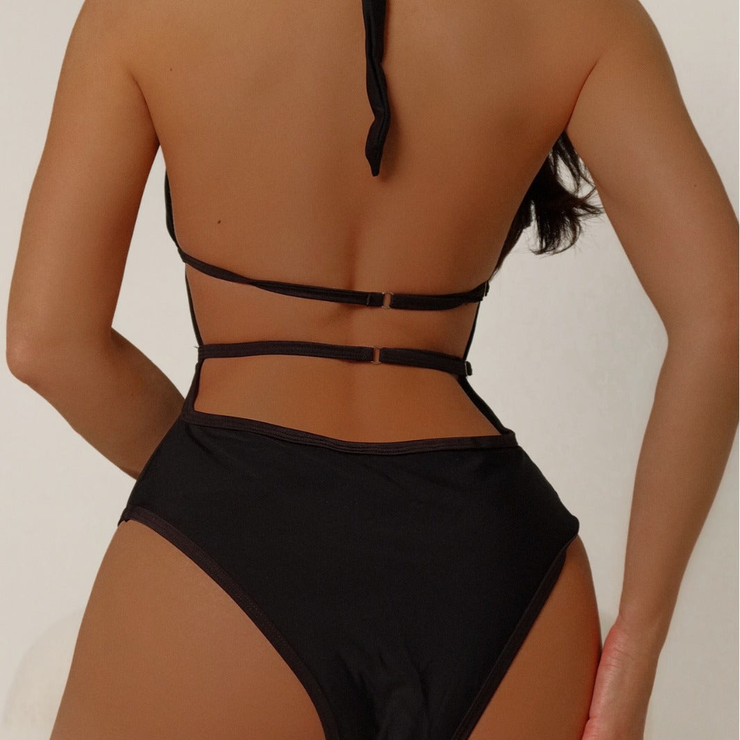 Maillot de bain une pièce sexy noir pour femme, dos nu transparent, lacets, maillot de bain moulant, bikini avec coussinet de poitrine à ceinture.