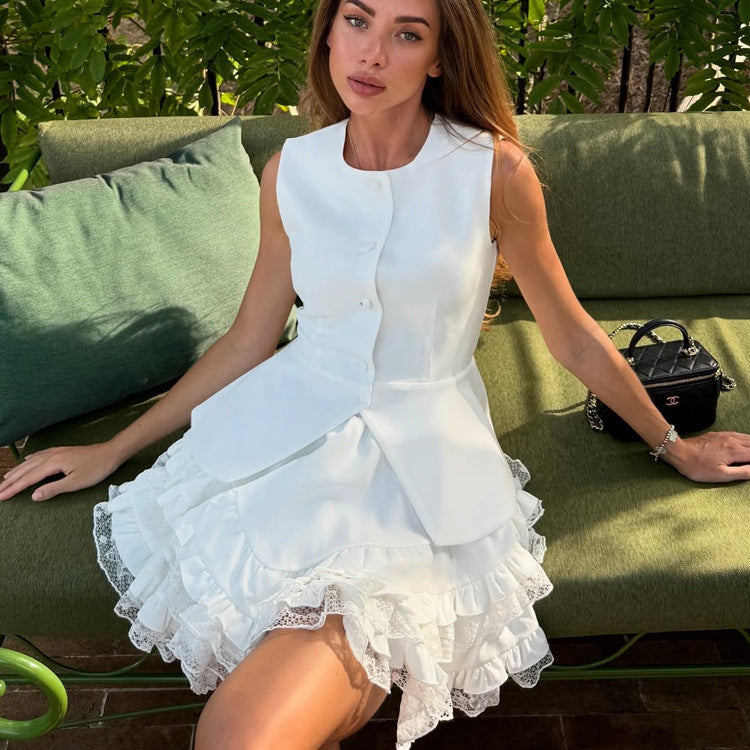 Ensemble deux pièces jupe bulle taille haute et haut gilet sans manches pour femme, tenue décontractée de qualité supérieure