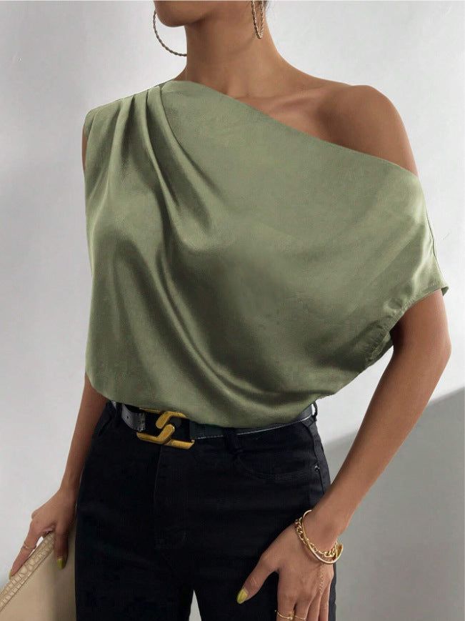 Frühling Einfarbig Satin Kunstseide Irregulär Asymmetrisch Schulterfrei Pullover Ärmelloses Hemd Damen Kleidung